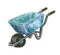 Garden blue metallic wheelbarrow, hand drawn watercolor illustration