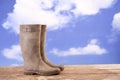 Garden boots on old wooden table Royalty Free Stock Photo