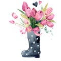 Garden boots with roses tulips romantic watercolor illustration. Spring garden composition of boots and flowers isolated on white