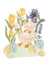 Garden botanical tulip Festival Family Duck cute egg hunts watercolor illustration
