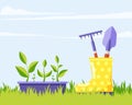 Garden box with green flower seedlings, yellow rubber boot with garden tools against blue sky Royalty Free Stock Photo