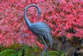 Garden Bronze Crane on Red Maple Background