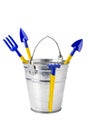 Garden bucket with gardening tools on white Royalty Free Stock Photo