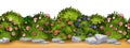 Garden bush seamless vector border, spring blooming repeat shrub hedge, cartoon summer landscape.