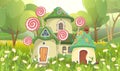 Garden Candy hut. Sweet caramel fairy house. Summer cute landscape. Illustration in cartoon style flat design. Picture Royalty Free Stock Photo