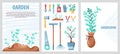 Garden cards. Gardening equipment. Growing agriculture plants. Shovel and rake. Seedling in flowerpot. Spade and