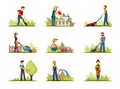 Garden care and cleaning set. Men and women irrigate plants and mow lawns transport fertilizer and cut trees in cart Royalty Free Stock Photo