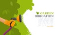 Garden care irrigation vector illustration. Watering plants banner. Cartoon character takes care of the plants