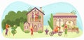 Garden care people gardening, growing and caring for plants and flowers near houses, gardeners flat vector illustration. Royalty Free Stock Photo