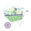 Garden cart with a bouquet of plants, village, grass, plant bushes, purple tulips, blue and yellow flowers. Royalty Free Stock Photo