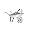 Garden cart with humus and garden tools. Wheelbarrow engraving.