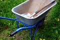 Garden cart and scoop close-up. A device for transporting cargo-sand, clay, peat, humus, earth.