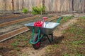 Garden cart and watering can Royalty Free Stock Photo