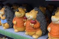 Garden ceramic hedgehogs on the shelf in the supermarket