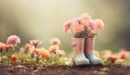 Garden chrysanthemum flowers placed in rubber boots standing in a flower bed Royalty Free Stock Photo