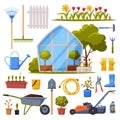 Garden Collection, Agriculture Work Equipment, Greenhouse, Farming Tools, Seedlings and Plants Flat Style Vector