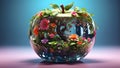 a garden with colorful flowers and plants growing inside an apple made of crystal