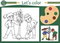 Garden coloring page for children with boy and girl planting a tree. Vector spring outline illustration. Adorable nature color
