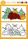 Garden coloring page for children with fruit. Vector autumn outline illustration with harvest. Color book for kids with colored