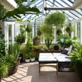 Garden Conservatory: A sunlit conservatory with a variety of plants, wicker furniture, and hanging planters5, Generative AI Royalty Free Stock Photo