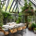 Garden Conservatory: A sunlit conservatory with a variety of plants, wicker furniture, and hanging planters2, Generative AI Royalty Free Stock Photo