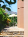 Garden Courtyard with beautiful flowers. Crete Royalty Free Stock Photo