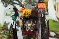 Garden decked out for Halloween in an old wagon - ghosts, ghouls, and a pumpkin king Royalty Free Stock Photo