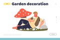 Garden decoration concept of landing page with funny gnome lying under mushroom