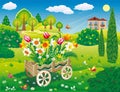 Garden with decorative garden wheelbarrow with beautiful daffodils flowers