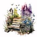 Garden Delight: Watercolor Wooden Garden Benches with Spring Blossoms AI Generated
