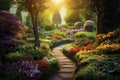 Garden of Delights: picturesque panorama of a bountiful garden bursting with colorful blooms, lush foliage