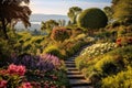 Garden of Delights: picturesque panorama of a bountiful garden bursting with colorful blooms, lush foliage