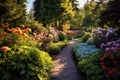 Garden of Delights: picturesque panorama of a bountiful garden bursting with colorful blooms, lush foliage