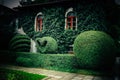 Garden design. Beautiful bushes trimmed in different shapes. House fasade, covered with grapes