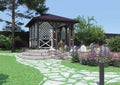 Garden design. Gazebo surrounded by plants near the pond.