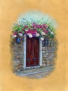 A garden door in Bodrum ,Turkey. Watercolor illustration.