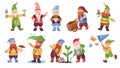 Garden dwarfs. Cartoon elf fantasy game, magical gnome fairy small male creatures figure, funny dwarf character gnomes