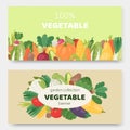 Garden eco vegetables vector illustration banners. Ecological organic vegetables food. Cartoon avocado, corn, squash