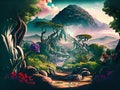 The Garden of Eden. Plants and nature in a heavenly place. A view of paradise. Created with generative AI tools