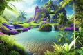 The Garden of Eden. Plants and nature in a heavenly place. A view of paradise. Created with generative AI tools