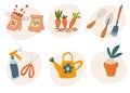 Garden elements. Cute garden work hand drawn elements. Watering can, scissors, shove,l rake, seeds, sprouts. Gardening tools icon Royalty Free Stock Photo