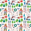 Garden equipment flat seamless pattern background gardener character with rake illustration agriculture farming tools Royalty Free Stock Photo