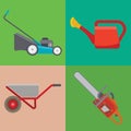 Garden equipment flat set vector gardener character with rake illustration agriculture farming tools