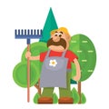 Garden equipment flat vector gardener character with rake illustration agriculture farming man with tools.