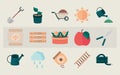 Garden equipment, organic seeds, fertilizer, , pruners, watering can and other tools flat icon style Royalty Free Stock Photo