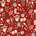 Gardening Seamless Pattern with Flowerpot, Garden Gloves and Secateurs and etc.