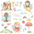 Watercolor Set With Garden Fairies, Fairy Houses, Mushrooms, Flowers, Berries, Butterflies, Clouds