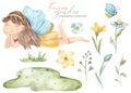 Watercolor set with garden fairy lying, meadow, flowers, grass, butterfly Royalty Free Stock Photo