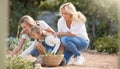 Garden, family and nature with mother and child relax in outdoors farm field in the summer together. Mom, girl and Royalty Free Stock Photo