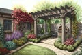 garden featuring pergola with vines and flowering plants, surrounded by vibrant blooms